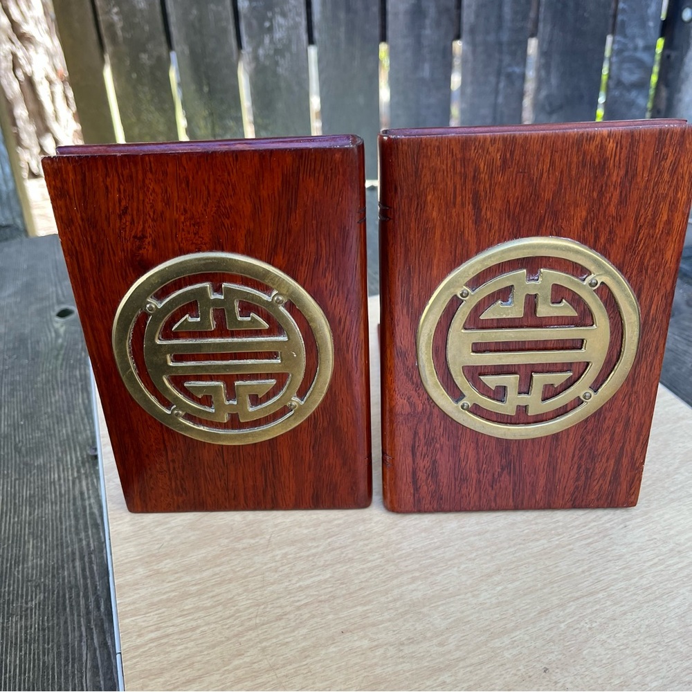 Vintage Rosewood & Brass Asian Themed Design Bookends